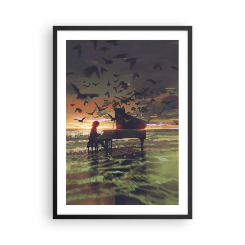 Pôster com moldura preta - Silhueta de um pianista tendo como pano de fundo o pôr do sol - 50x70cm - Um concerto de piano e ondas - Decoração de parede moderna para a sala de estar e quarto ARTTOR