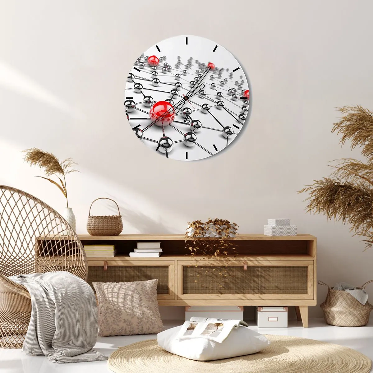 Relógio de parede - Relógio em vidro - Estrutura molecular com detalhes em vermelho sobre fundo branco - 30x30cm - Rede de Prata - Decoração de parede moderna para a sala de estar, cozinha e quarto ARTTOR