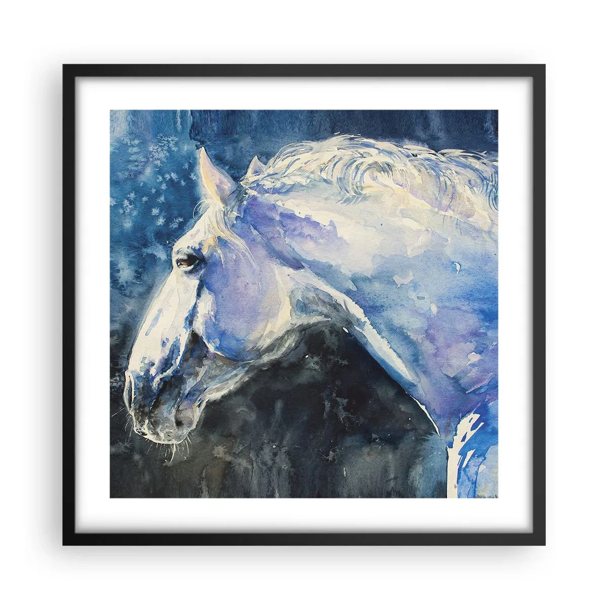 Pôster com moldura preta - Retrato com um brilho azul - 50x50 cm