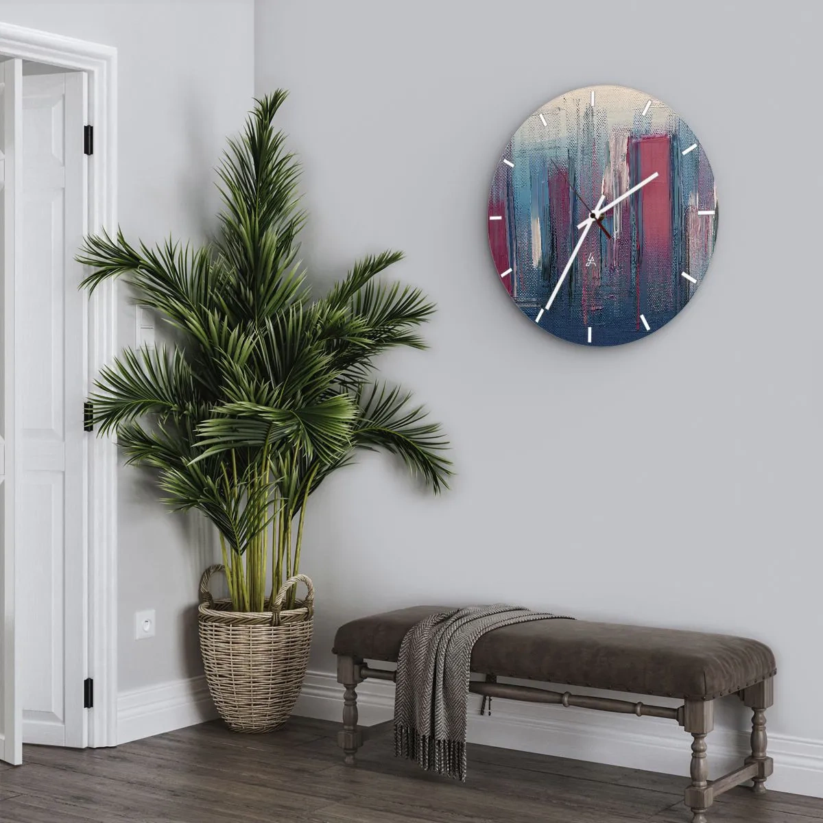 Relógio de parede - Relógio em vidro - Listras verticais de azul e vermelho em estilo artístico - 30x30cm - Composição vertical em azul e vermelho - Decoração de parede moderna para a sala de estar, cozinha e quarto ARTTOR