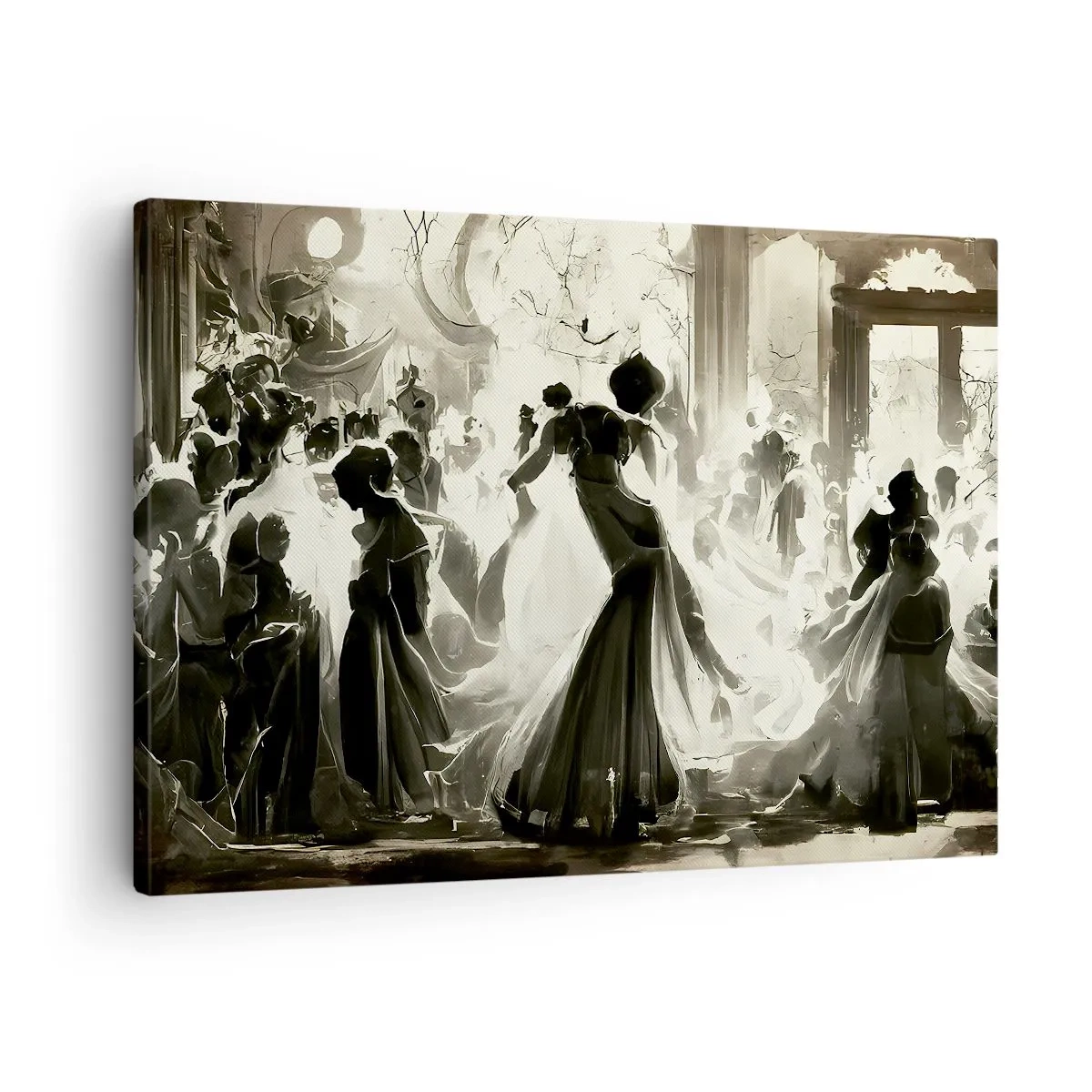 Quadro em tela - Bola estilo retrô em preto e branco - 70x50cm - O grande baile de máscaras - Decoração de parede moderna para a sala de estar e quarto ARTTOR