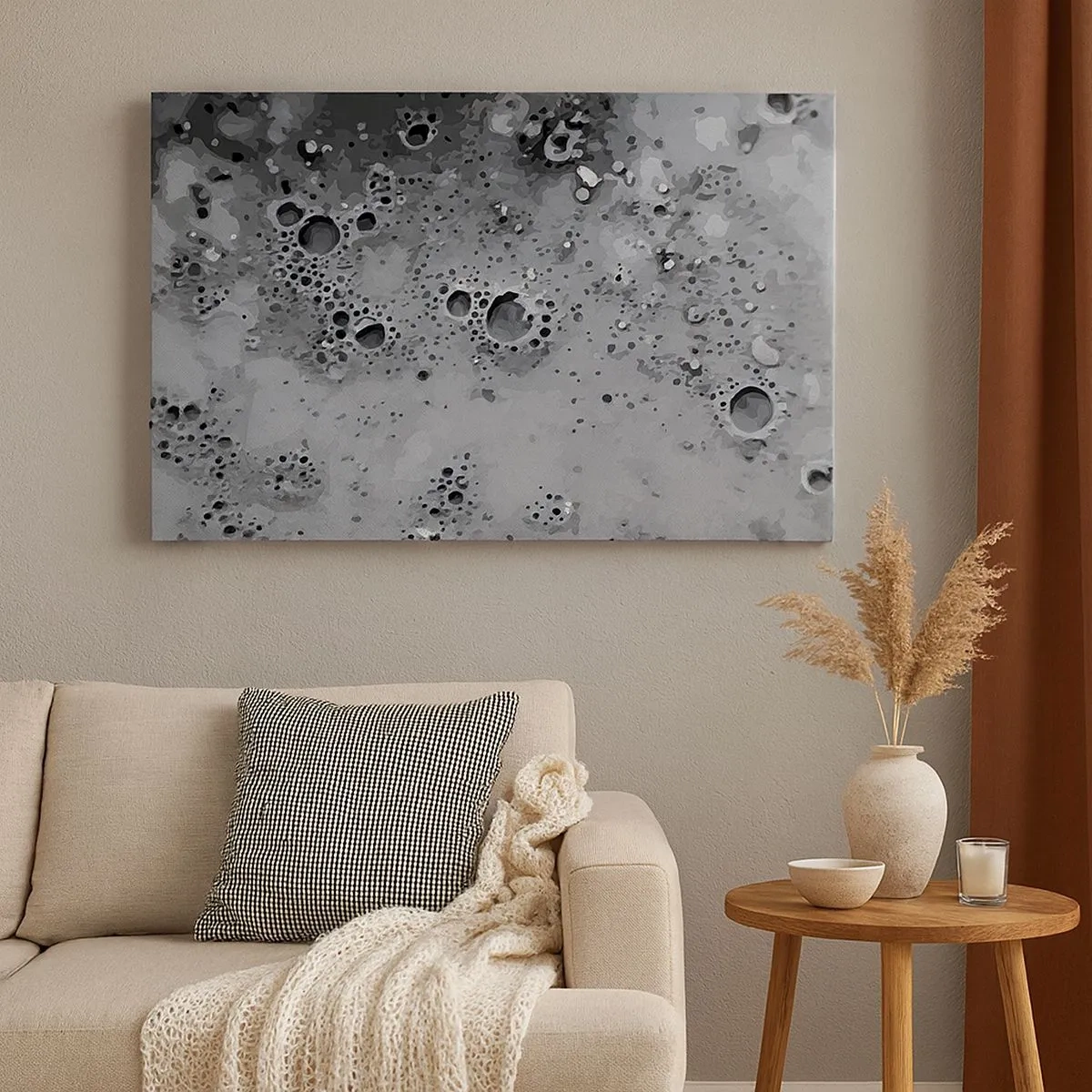 Quadro em tela - Padrão abstrato de bolhas em preto e branco - 70x50cm - Como uma paisagem lunar - Decoração de parede moderna para a sala de estar e quarto ARTTOR