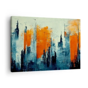 Quadro em tela - Paisagem urbana abstrata em tons de laranja e azul - 70x50cm - Paisagem moderna - Decoração de parede moderna para a sala de estar e quarto ARTTOR