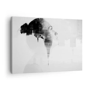 Quadro em tela - Retrato de uma mulher com o contorno de uma cidade ao fundo, cores preto e branco - 70x50cm - Em ambos os lados do vidro - Decoração de parede moderna para a sala de estar e quarto ARTTOR