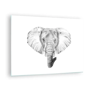 Quadro em vidro - Desenho em preto e branco de uma cabeça de elefante sobre fundo branco - 70x50cm - Havia um elefante, grande como um elefante - Decoração de parede moderna para a sala de estar e quarto ARTTOR