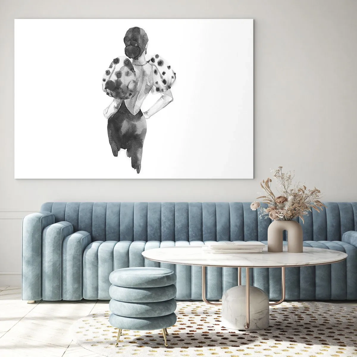 Quadro em vidro - Silhueta preta e branca de uma mulher com uma roupa elegante - 70x50cm - Ela passou por aqui - Decoração de parede moderna para a sala de estar e quarto ARTTOR