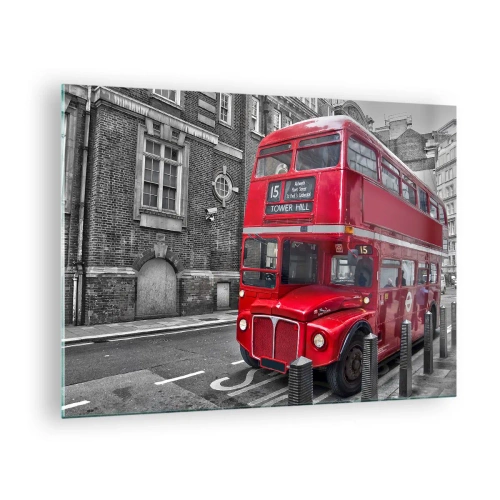 Quadro em vidro - Um ônibus vermelho de Londres contra um fundo de rua preto e branco - 70x50cm - Sempre o mesmo - Decoração de parede moderna para a sala de estar e quarto ARTTOR