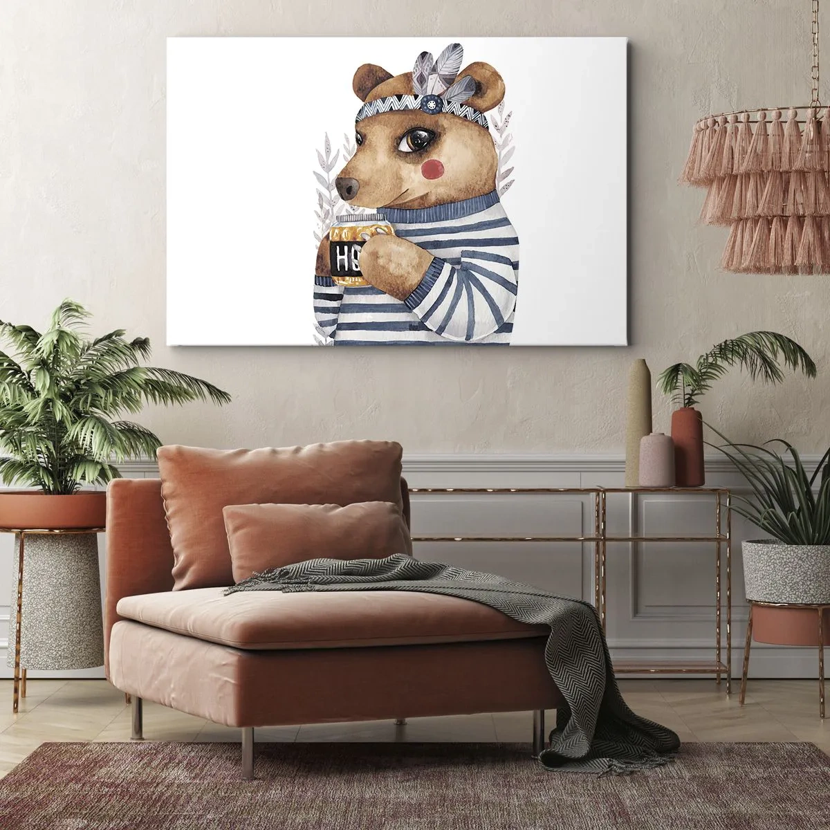 Quadro em tela - Um ursinho de pelúcia com um suéter listrado e uma xícara de mel - 70x50cm - Doce ursa - Decoração de parede moderna para a sala de estar e quarto ARTTOR