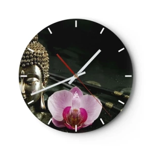 Relógio de parede - Relógio em vidro - Figura de Buda com uma orquídea em estilo oriental - 30x30cm - Harmonia entre sabedoria e beleza - Decoração de parede moderna para a sala de estar, cozinha e quarto ARTTOR