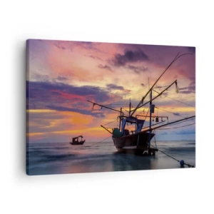 Quadro em tela - Um barco de pesca tendo como pano de fundo um pôr do sol colorido - 70x50cm - Noite exótica - Decoração de parede moderna para a sala de estar e quarto ARTTOR