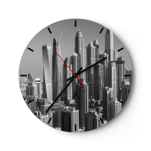Relógio de parede - Relógio em vidro - Panorama de uma cidade moderna em preto e branco - 30x30cm - A cidade sobre o deserto - Decoração de parede moderna para a sala de estar, cozinha e quarto ARTTOR