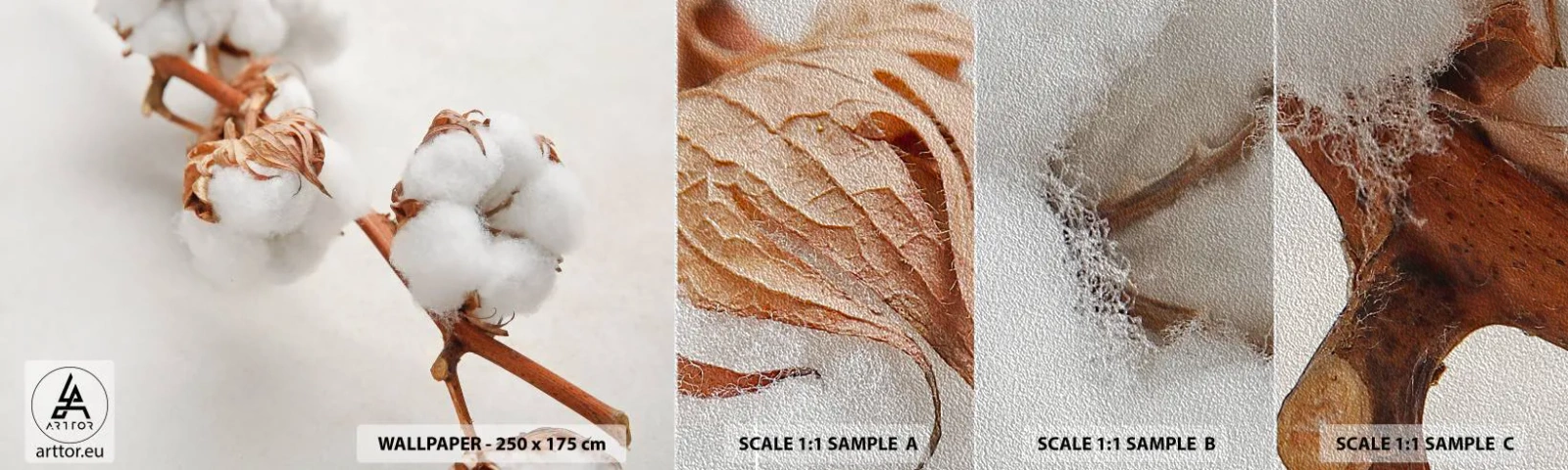 Amostra de papel de parede Premium Sand - Apenas acaricie - Flor de algodão, Flor, Galho de algodão - 100x30 cm