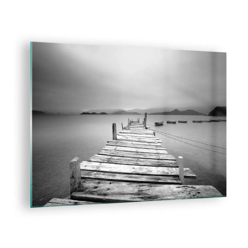Quadro em vidro - Cais de madeira sobre um lago calmo em preto e branco - 70x50cm - Além das montanhas, além dos mares - Decoração de parede moderna para a sala de estar e quarto ARTTOR