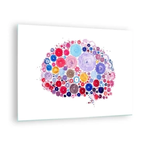 Quadro em vidro - Uma ilustração colorida de um cérebro feito de formas geométricas. - 70x50cm - A máquina mais perfeita da natureza - Decoração de parede moderna para a sala de estar e quarto ARTTOR