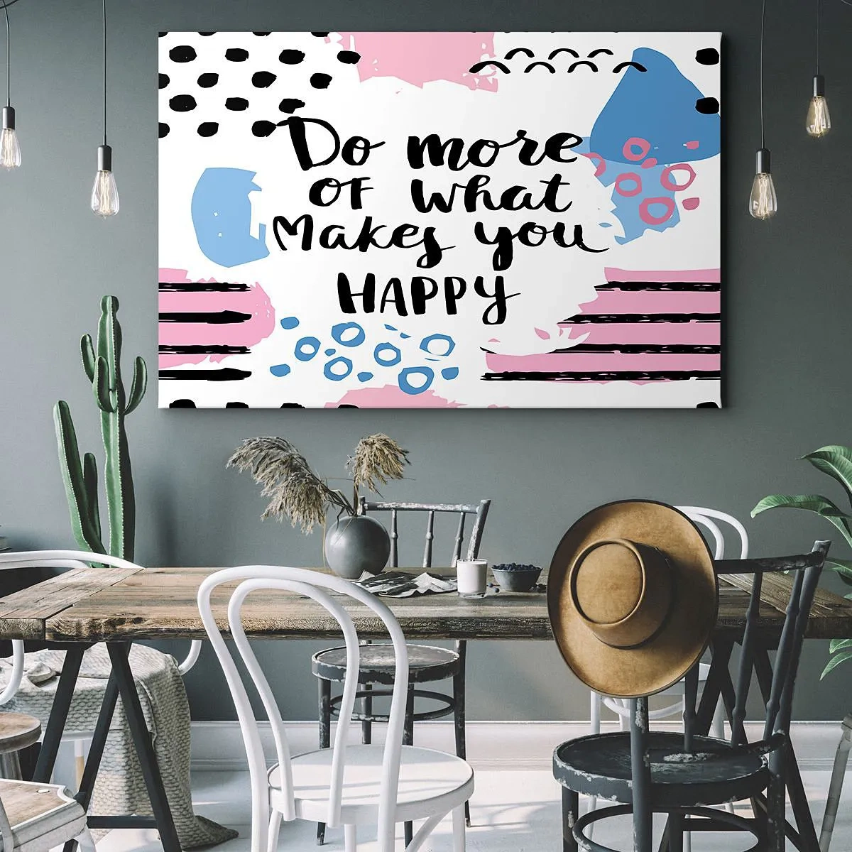 Quadro em tela - Cartaz com as palavras 'Faça mais daquilo que te faz feliz' - 70x50cm - Como ser feliz - Decoração de parede moderna para a sala de estar e quarto ARTTOR