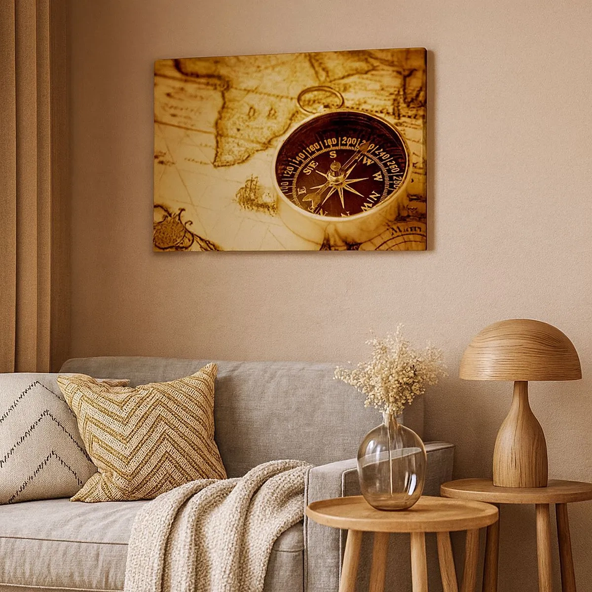 Quadro em tela - Uma bússola antiga contra o fundo de um antigo mapa-múndi - 70x50cm - Oriente ou Ocidente? - Decoração de parede moderna para a sala de estar e quarto ARTTOR