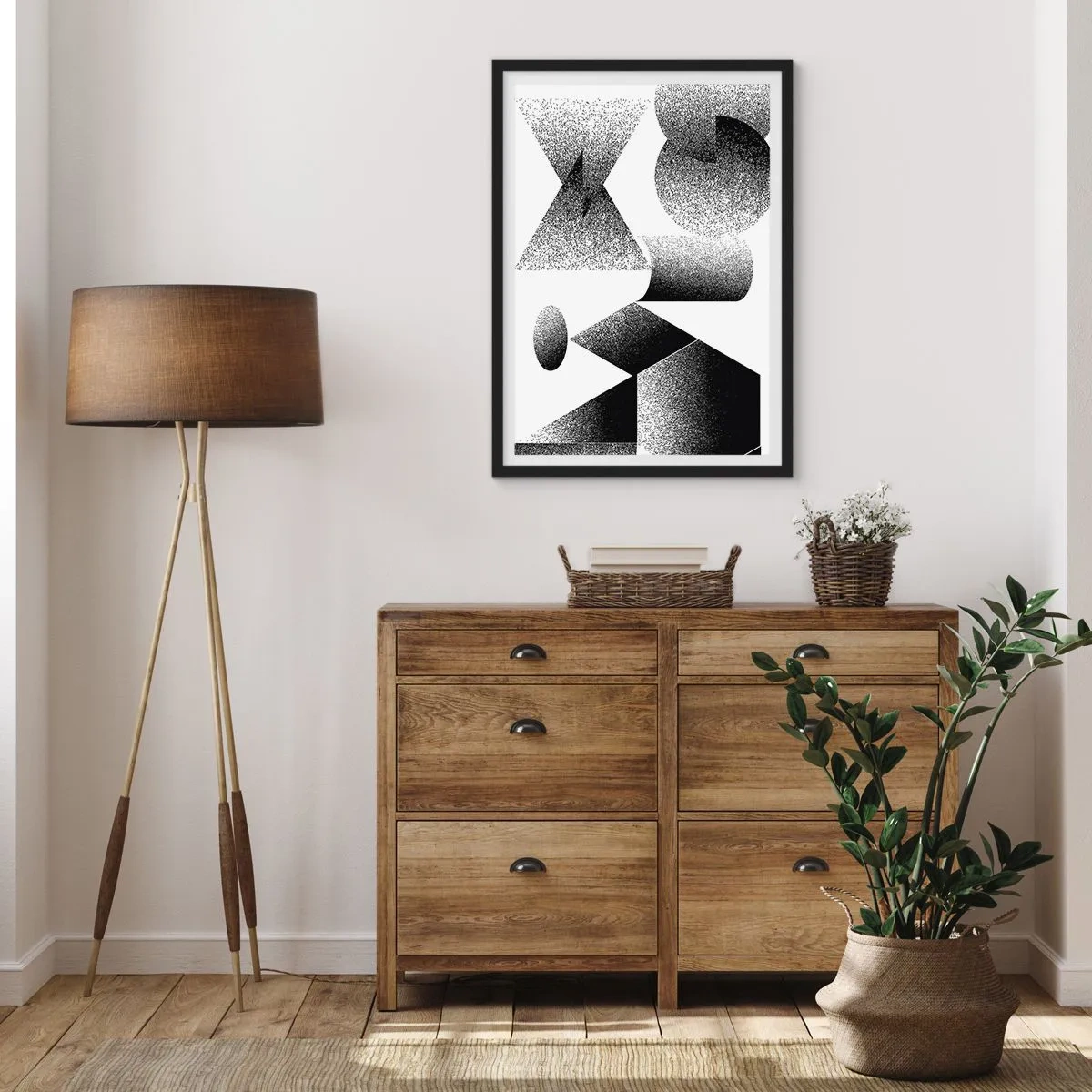 Pôster com moldura preta - Composição abstrata de formas geométricas em preto e branco - 50x70cm - Ângulos e ovais - Decoração de parede moderna para a sala de estar e quarto ARTTOR