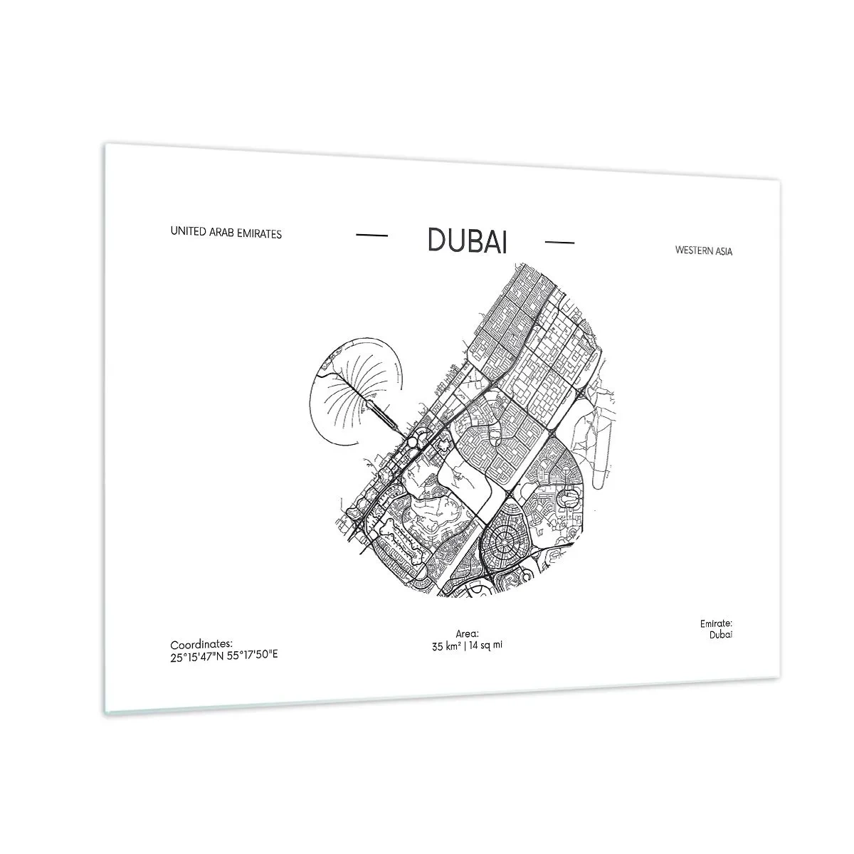 Quadro em vidro - Um mapa minimalista de Dubai em estilo preto e branco. - 70x50cm - Anatomia de Dubai - Decoração de parede moderna para a sala de estar e quarto ARTTOR