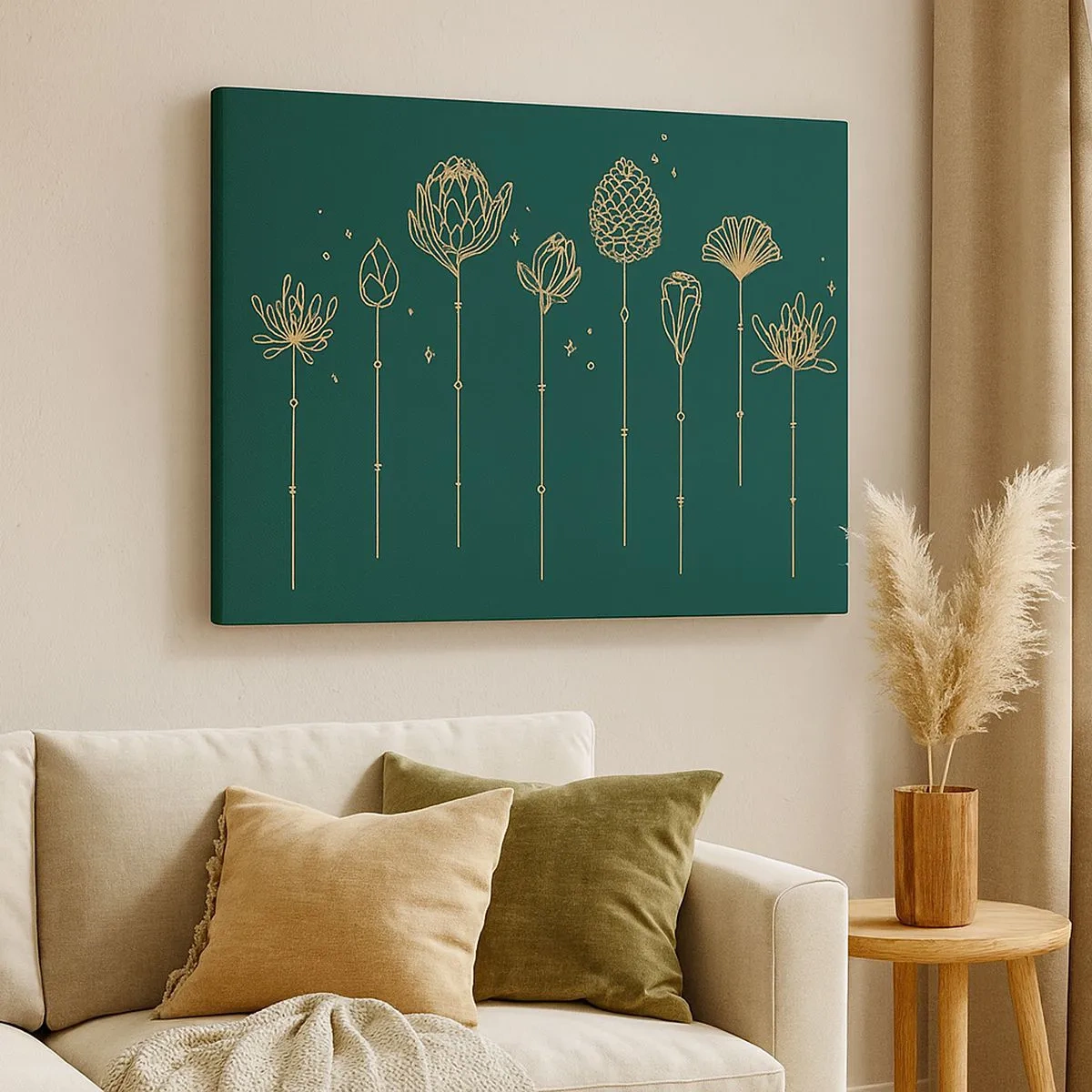 Quadro em tela - Desenhos dourados de ervas sobre fundo verde escuro - 70x50cm - A família RAMOS - Decoração de parede moderna para a sala de estar e quarto ARTTOR