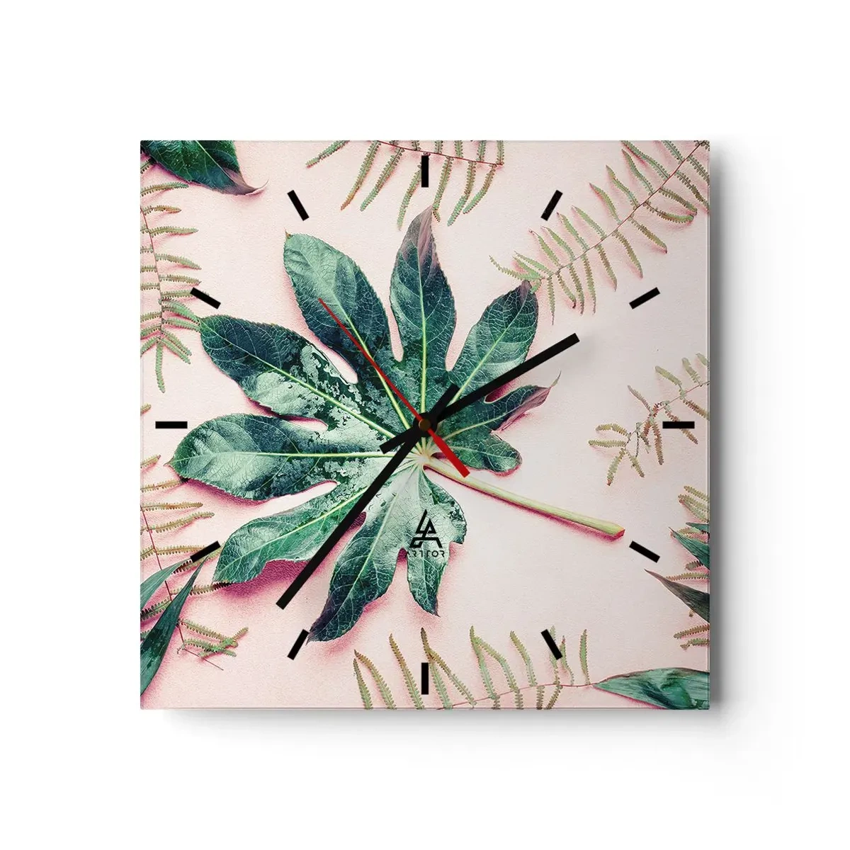 Relógio de parede - Relógio em vidro - Estudo do verde em um fundo rosa - 30x30 cm