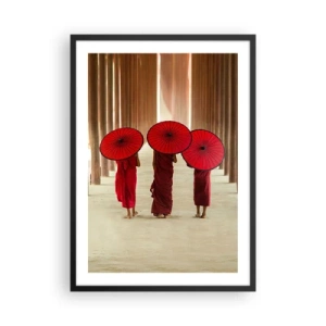Pôster com moldura preta - Monges com guarda-chuvas vermelhos nos corredores do templo - 50x70cm - A caminho da Terra Pura - Decoração de parede moderna para a sala de estar e quarto ARTTOR