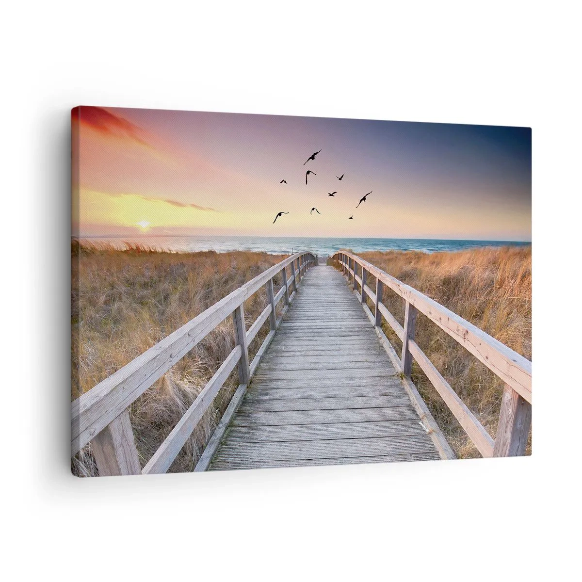 Quadro em tela - Cais de madeira que leva à praia ao pôr do sol - 70x50cm - O espaço das alturas - Decoração de parede moderna para a sala de estar e quarto ARTTOR