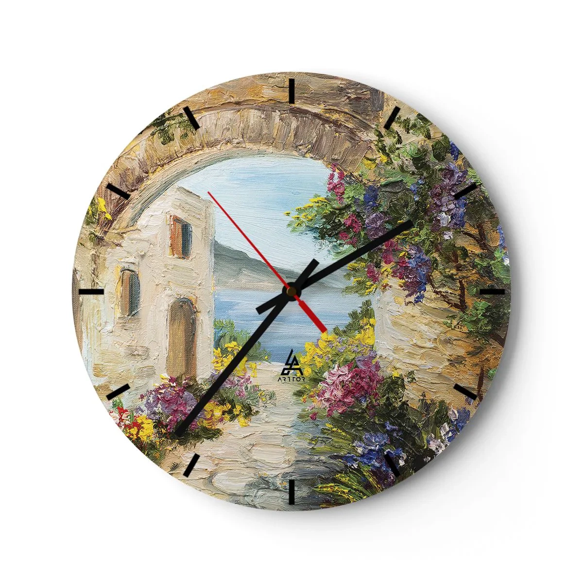 Relógio de parede - Relógio em vidro - Uma rua com atmosfera, flores e vista para o mar - 30x30cm - O encanto da província costeira - Decoração de parede moderna para a sala de estar, cozinha e quarto ARTTOR