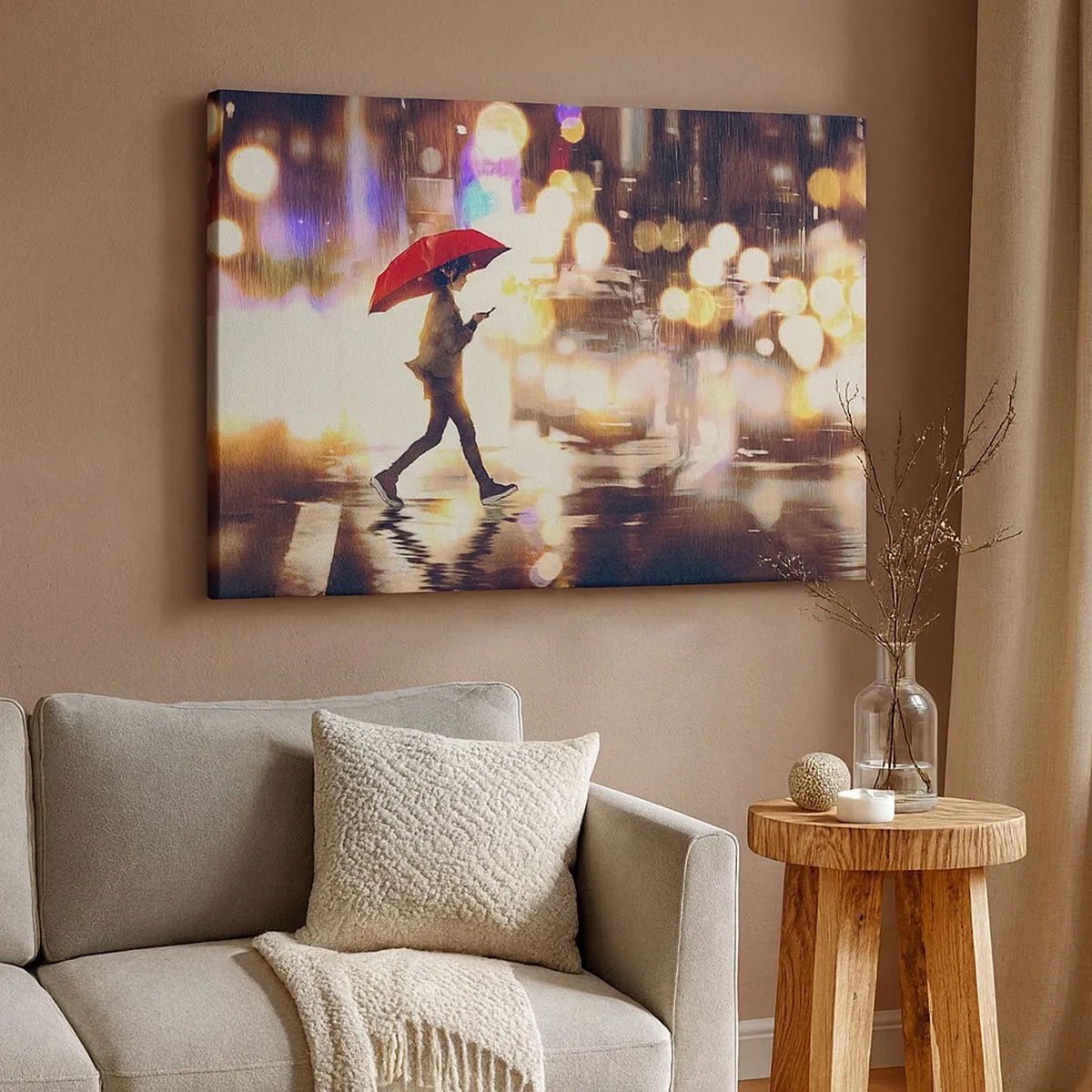 Quadro em tela - Uma figura com um guarda-chuva vermelho na rua na chuva - 70x50cm - Apesar de tudo, ensolarado - Decoração de parede moderna para a sala de estar e quarto ARTTOR