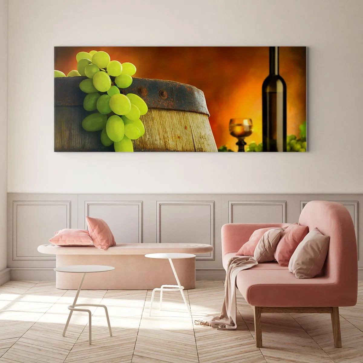 Quadro em vidro - Natureza morta com uma garrafa de vinho e um cacho de uvas - 90x30 cm