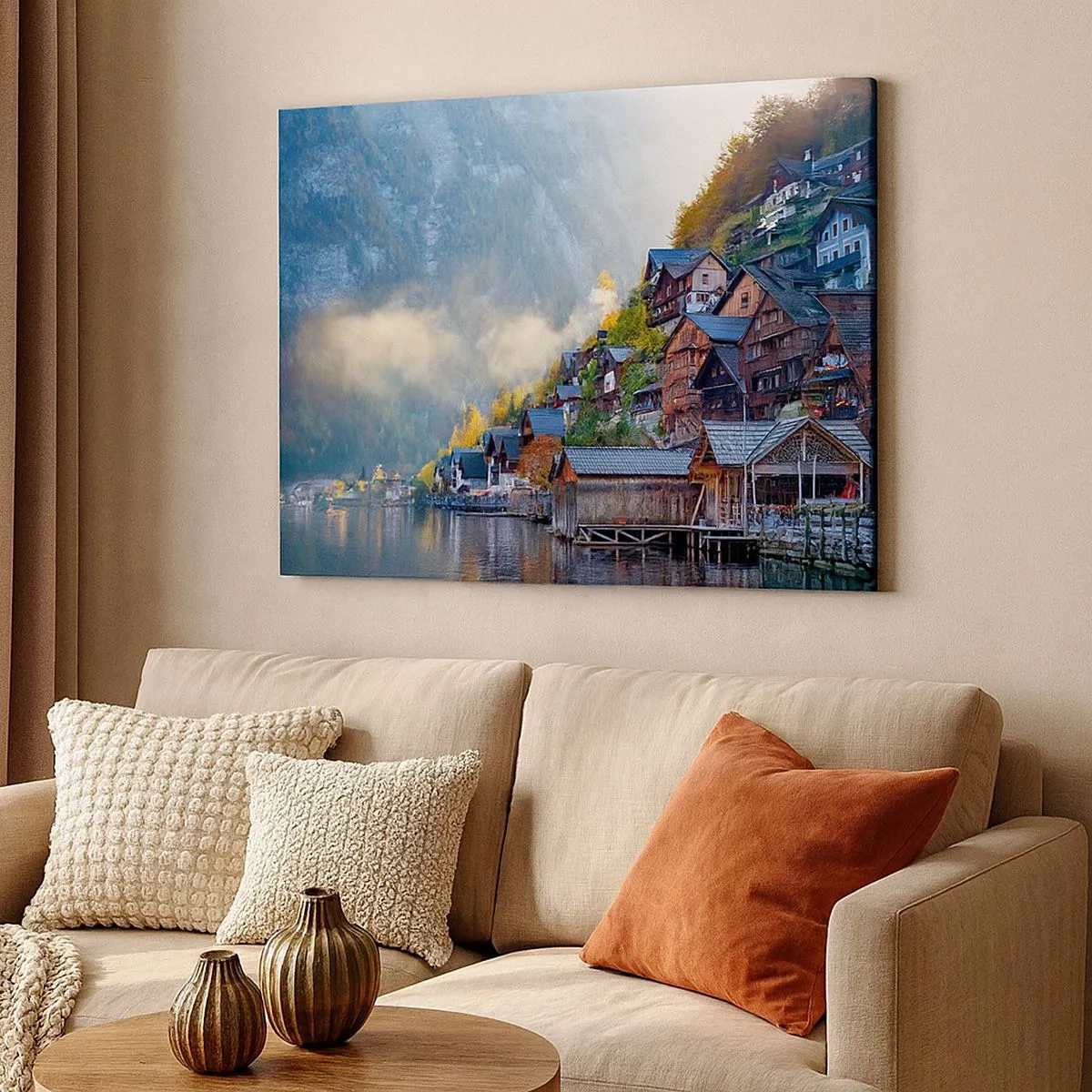 Quadro em tela - Uma aldeia de montanha perto de um lago em cenário de outono - 70x50cm - Atmosfera alpina - Decoração de parede moderna para a sala de estar e quarto ARTTOR
