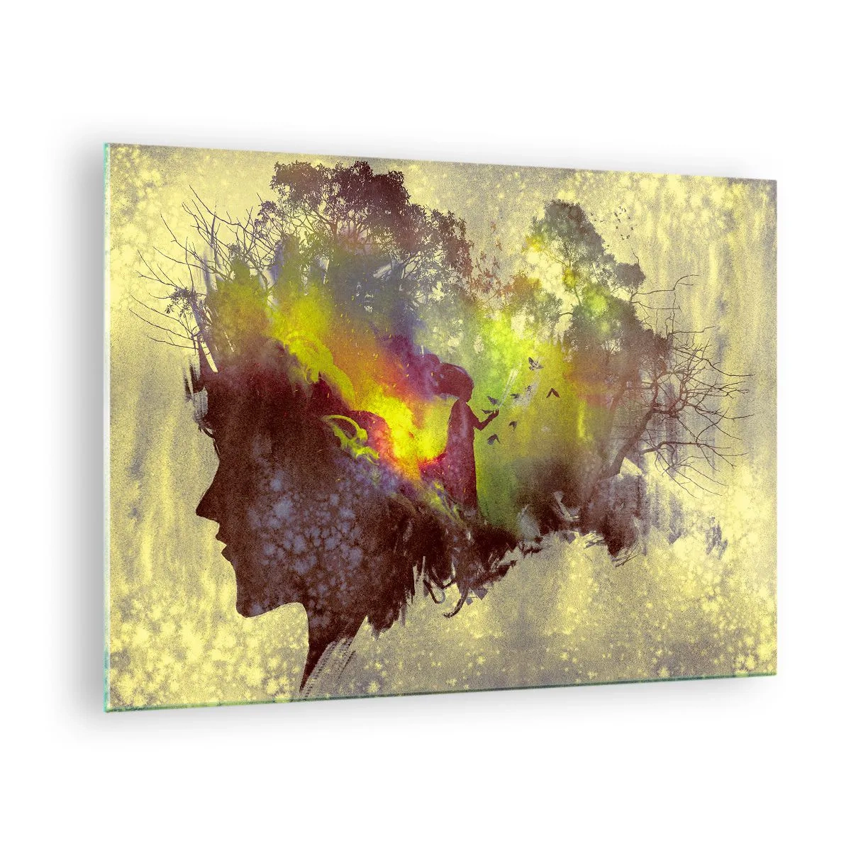 Quadro em vidro - Perfil de rosto feminino repleto de natureza e efeitos coloridos. - 70x50cm - Mãe Natureza - Decoração de parede moderna para a sala de estar e quarto ARTTOR