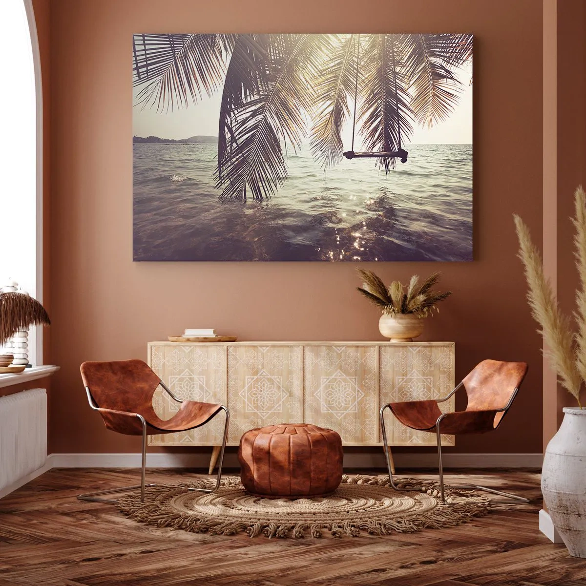 Quadro em tela - Palmeira com balanço sobre a água sob a luz do sol - 70x50cm - Deixe-se levar pela imaginação - Decoração de parede moderna para a sala de estar e quarto ARTTOR