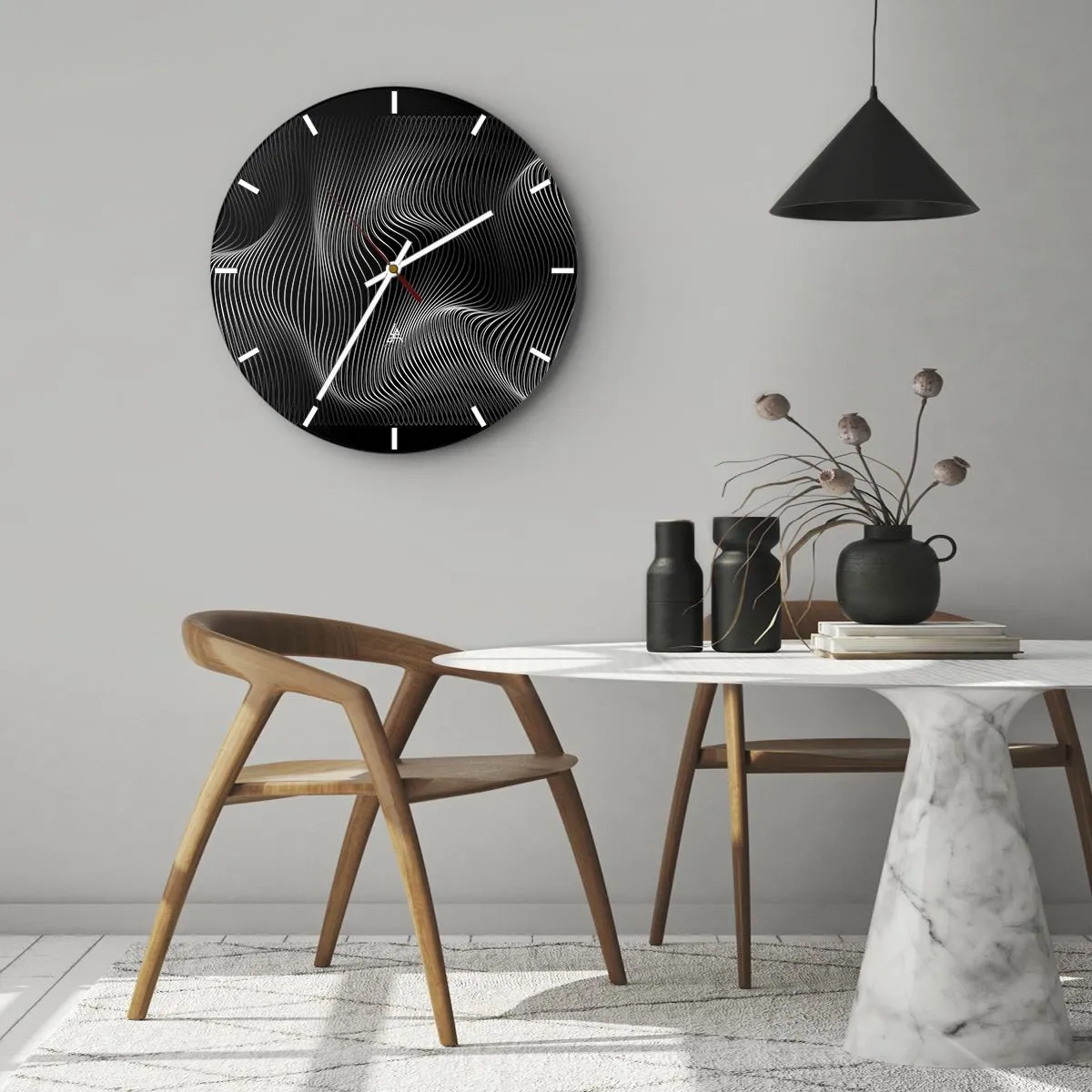 Relógio de parede - Relógio em vidro - Linhas brancas hipnotizantes em um fundo preto criando uma onda óptica. - 30x30cm - Dança de luz no espaço - Decoração de parede moderna para a sala de estar, cozinha e quarto ARTTOR