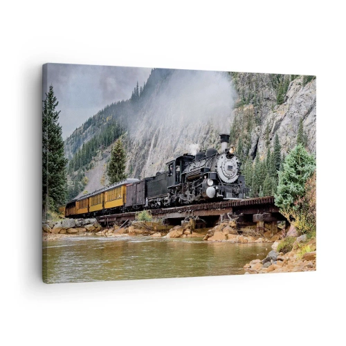 Quadro em tela - Uma locomotiva a vapor em uma ponte em uma paisagem montanhosa pitoresca - 70x50cm - Para onde? Onde? - Decoração de parede moderna para a sala de estar e quarto ARTTOR