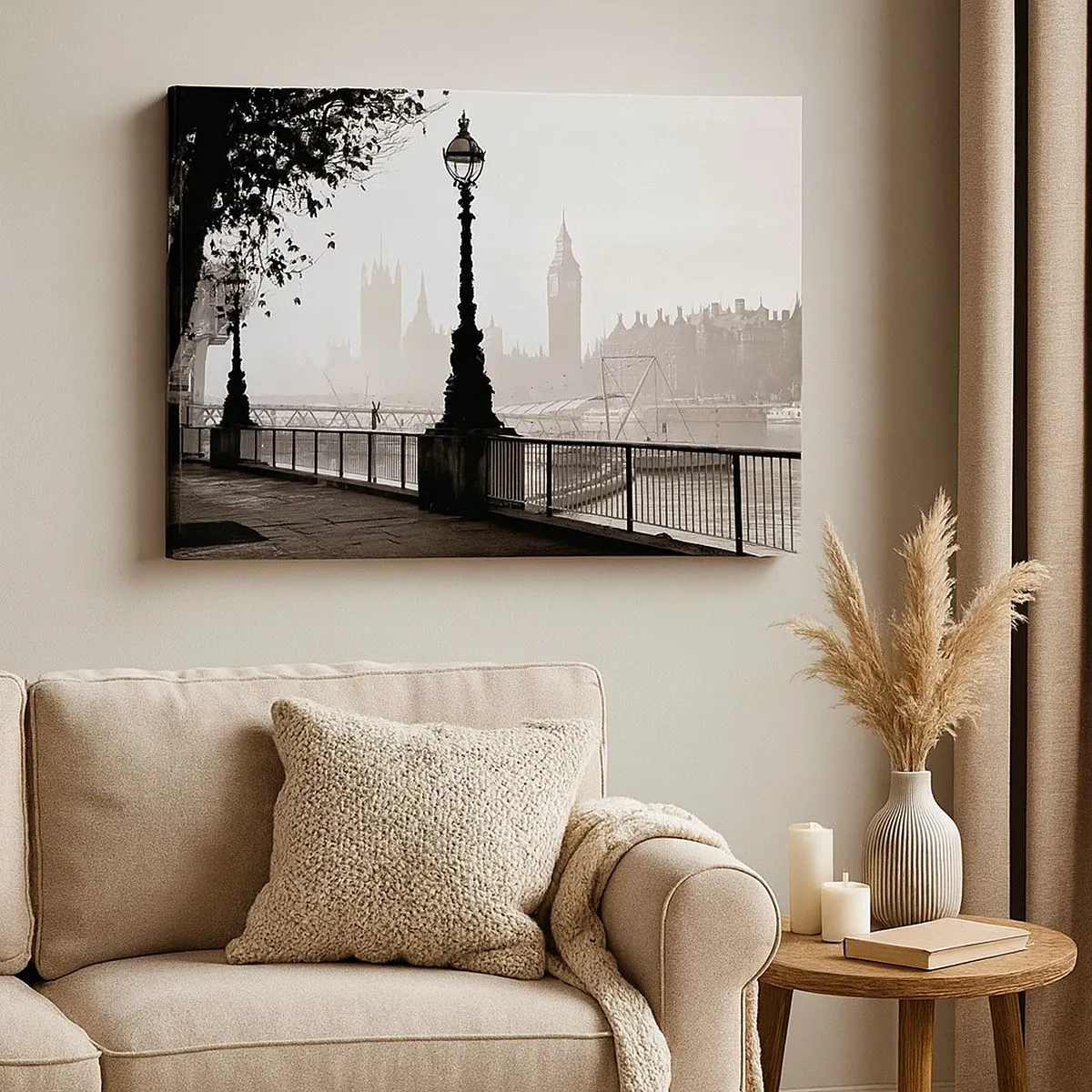 Quadro em tela - Uma vista monocromática do Big Ben e do Tâmisa. - 70x50cm - Manhã Londrina - Decoração de parede moderna para a sala de estar e quarto ARTTOR