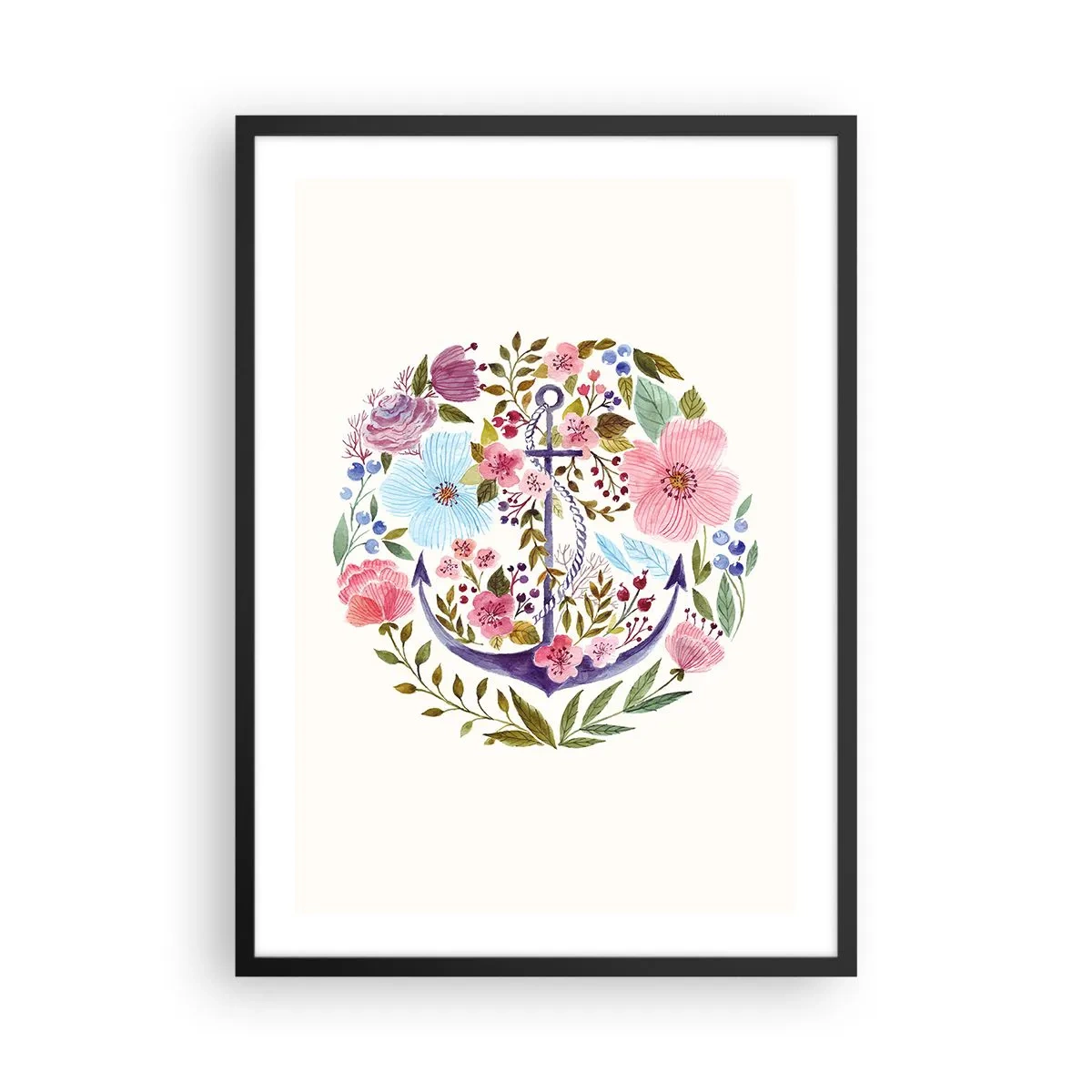 Pôster com moldura preta - Uma âncora em aquarela cercada por flores em um fundo claro. - 50x70cm - O bom sonho de um marinheiro - Decoração de parede moderna para a sala de estar e quarto ARTTOR