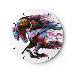 Relógio de parede - Relógio em vidro - Um cavalo dinâmico em cores aquarela com uma crina esvoaçante - 30x30cm - Em êxtase - Decoração de parede moderna para a sala de estar, cozinha e quarto ARTTOR