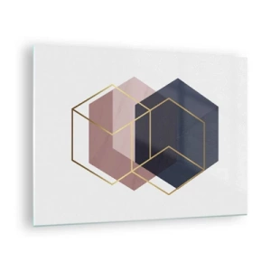 Quadro em vidro - Contornos dourados de cubos sobre um fundo de sólidos azul marinho e rosa - 70x50cm - O poder da simplicidade - Decoração de parede moderna para a sala de estar e quarto ARTTOR