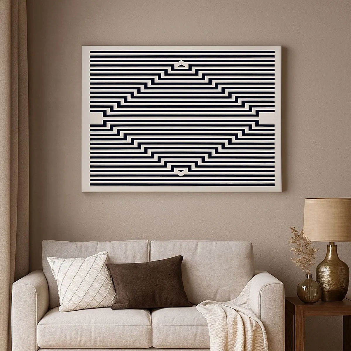Quadro em tela - Linhas pretas e brancas criando um efeito de ilusão geométrica - 70x50cm - Ilusão geométrica - Decoração de parede moderna para a sala de estar e quarto ARTTOR