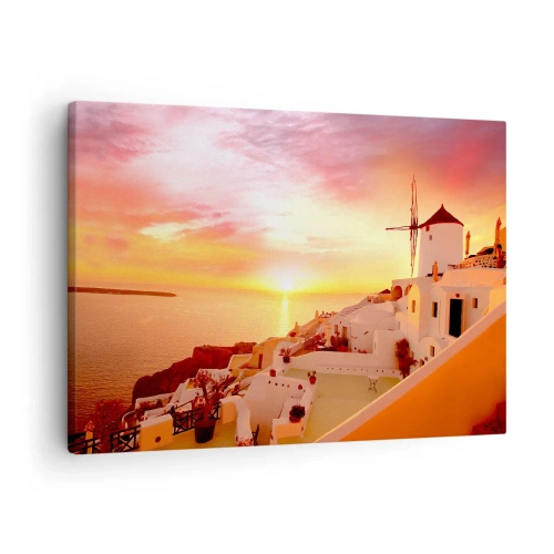 Quadro em tela - Santorini ao pôr do sol com um moinho de vento - 70x50cm - Derreter em branco e ouro - Decoração de parede moderna para a sala de estar e quarto ARTTOR
