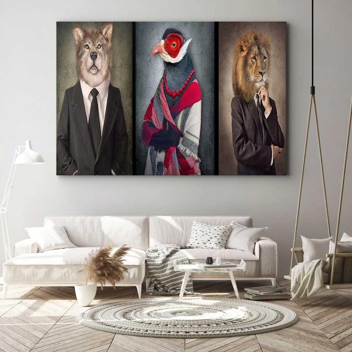 Quadro em tela - Retratos estilizados de um lobo, um faisão e um leão em roupas elegantes - 70x50cm - O que estou a fazer aqui?! - Decoração de parede moderna para a sala de estar e quarto ARTTOR