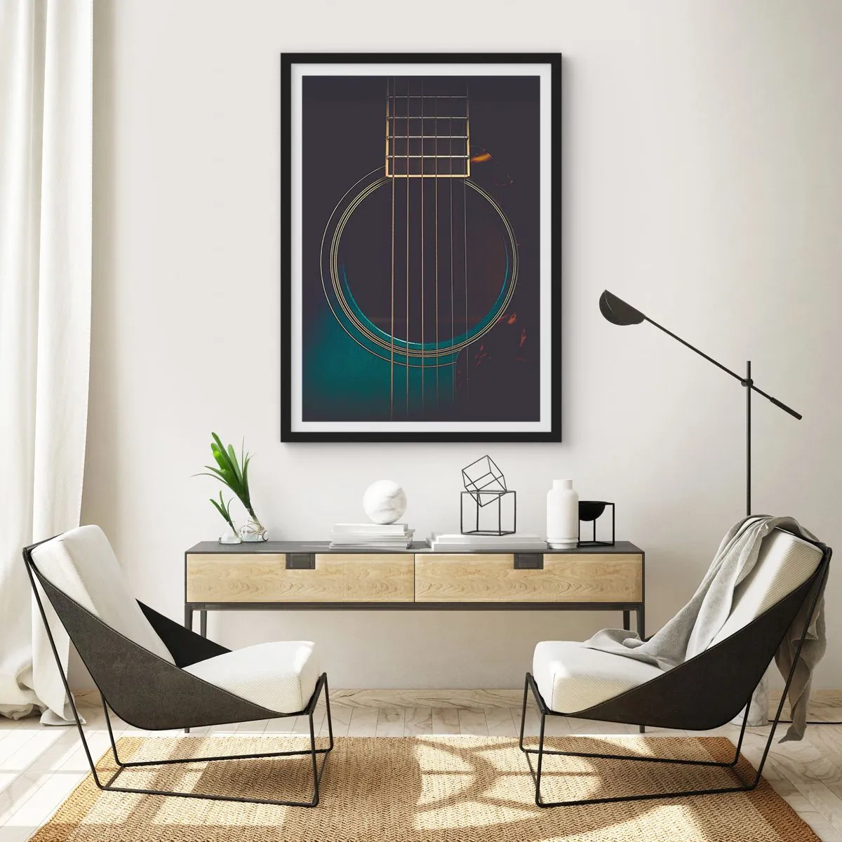 Pôster com moldura preta - Um close artístico do tampo harmônico de um violão. - 50x70cm - Um momento antes de soar - Decoração de parede moderna para a sala de estar e quarto ARTTOR