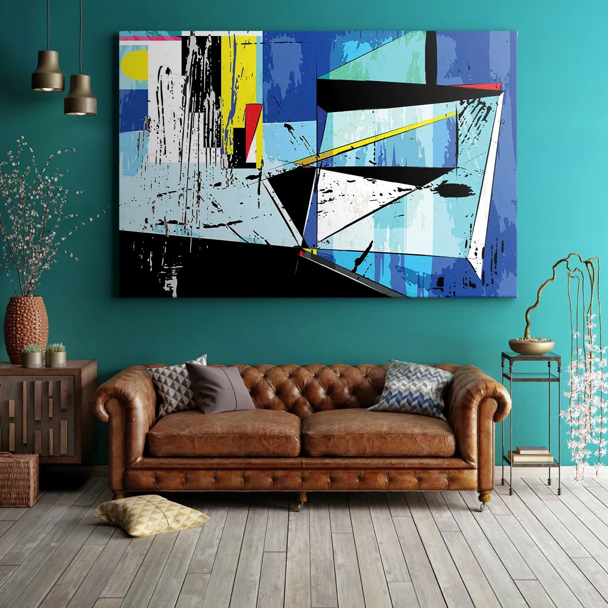 Quadro em tela - Composição geométrica abstrata em cores vivas - 70x50cm - Olhar por um outro ângulo... - Decoração de parede moderna para a sala de estar e quarto ARTTOR