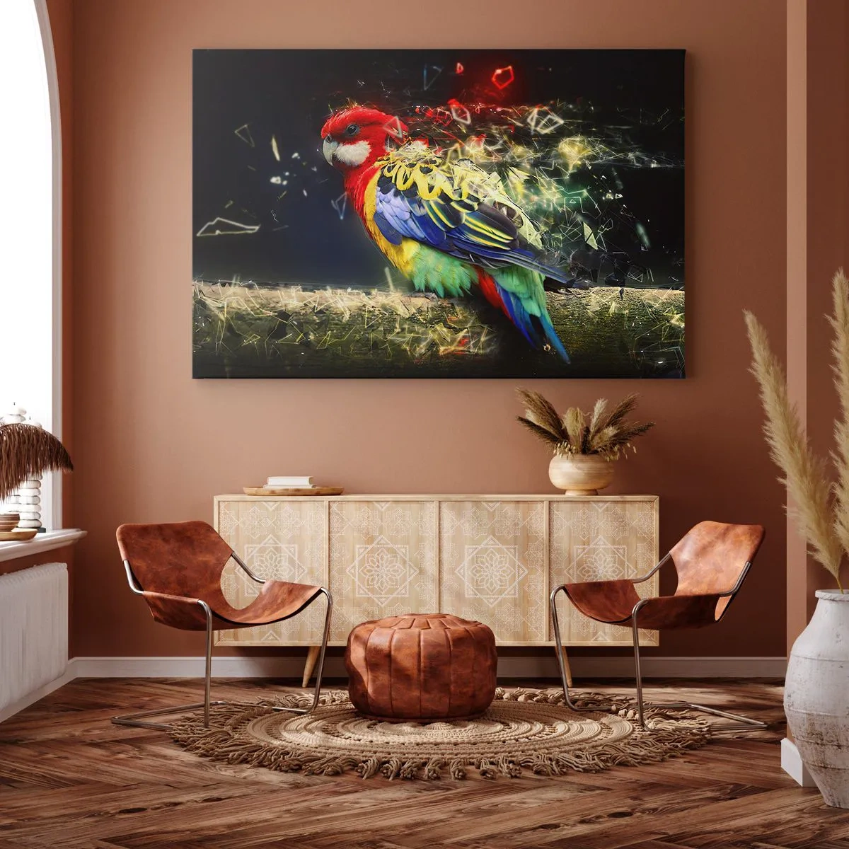 Quadro em tela - Um papagaio em cores vivas contra um fundo de efeitos de luz - 70x50cm - O mensageiro do Brilho - Decoração de parede moderna para a sala de estar e quarto ARTTOR