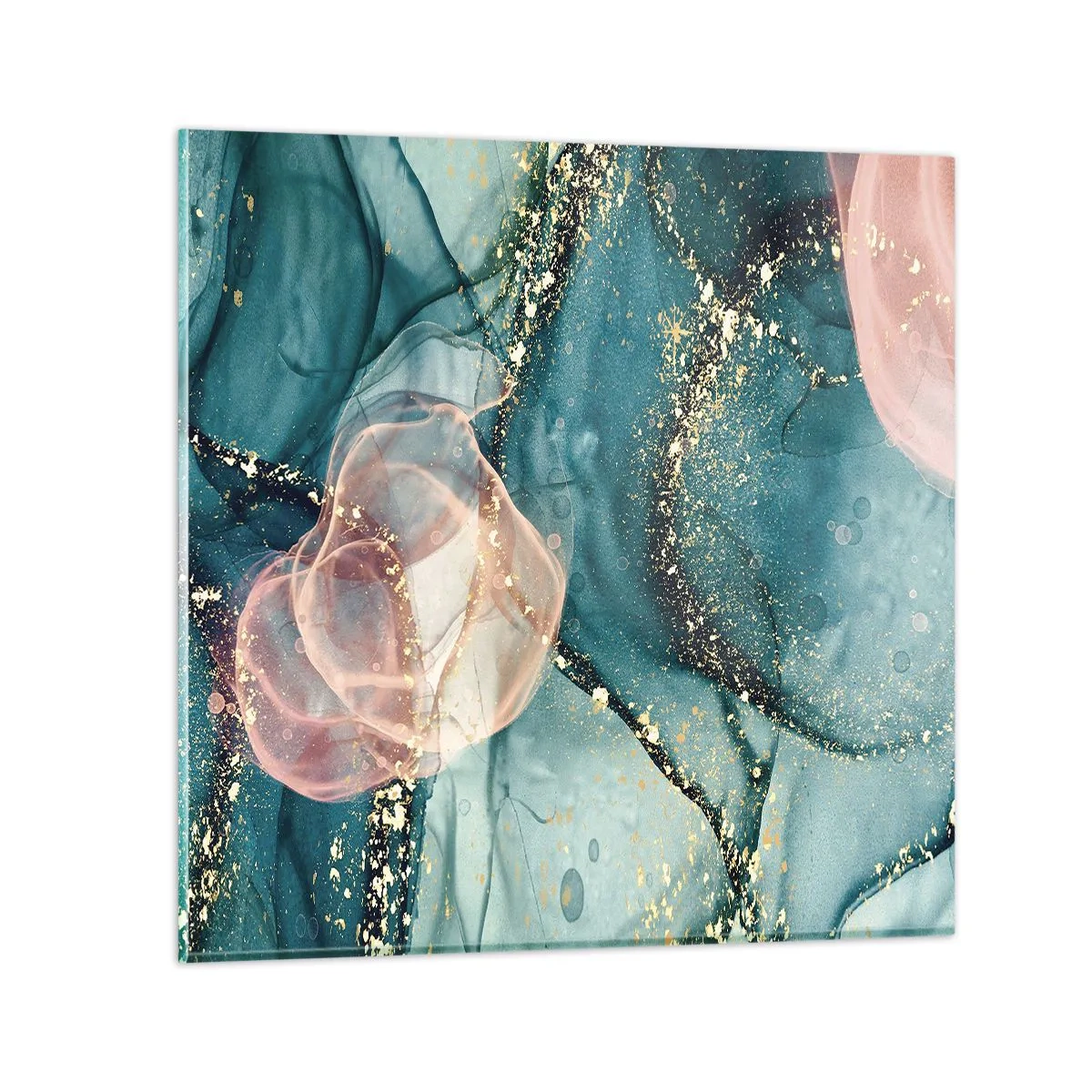 Quadro em vidro - Azul seda, rosa tule - 30x30 cm