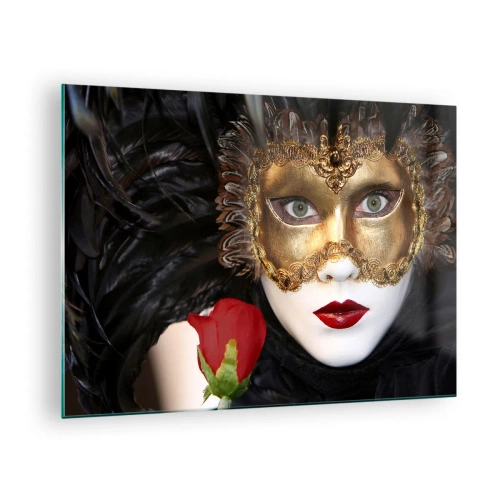 Quadro em vidro - Máscara de carnaval com rosa vermelha - 70x50cm - Porque a vida é uma grande baile - Decoração de parede moderna para a sala de estar e quarto ARTTOR