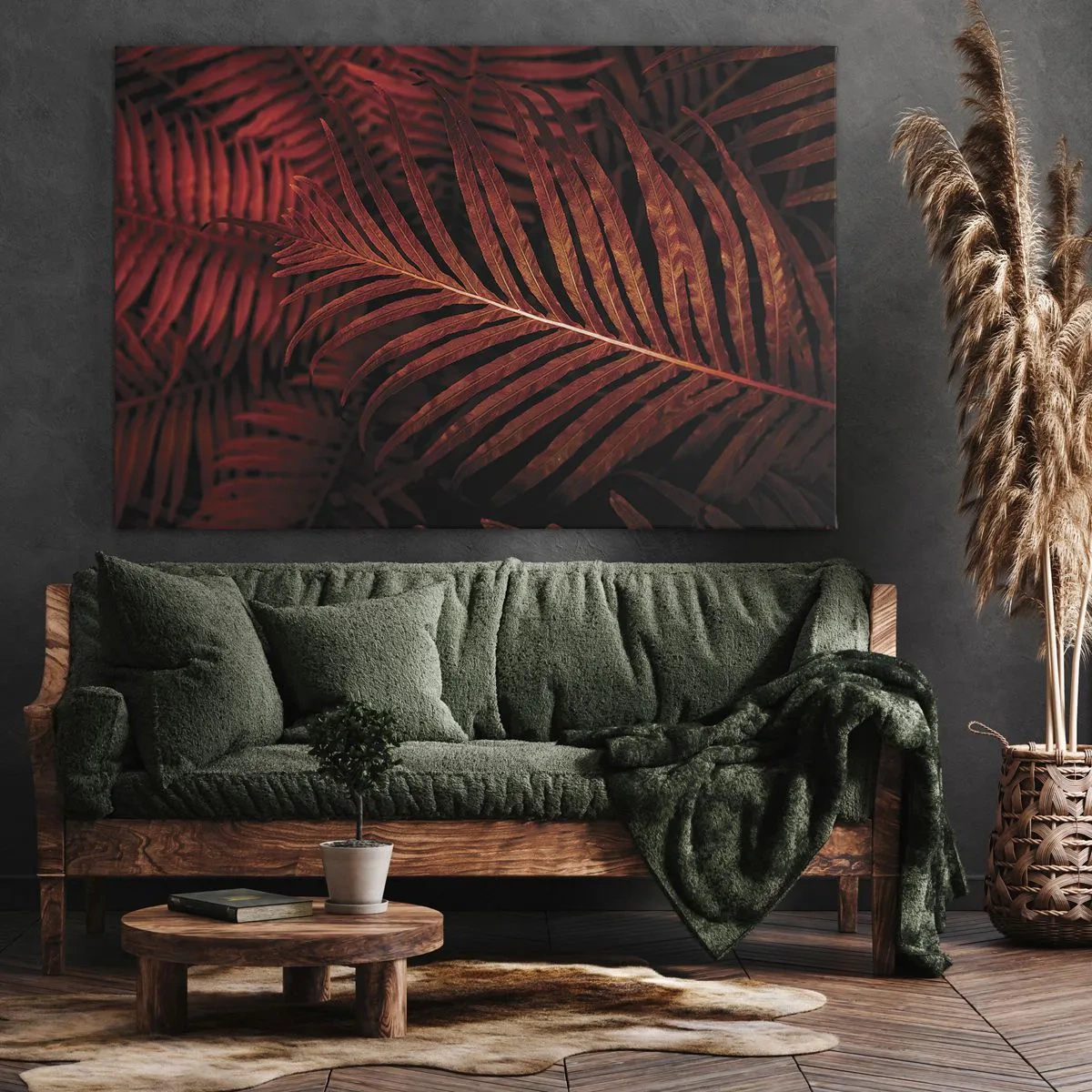Quadro em tela - Close-up de folhas tropicais vermelhas - 70x50cm - O calor da vida - Decoração de parede moderna para a sala de estar e quarto ARTTOR