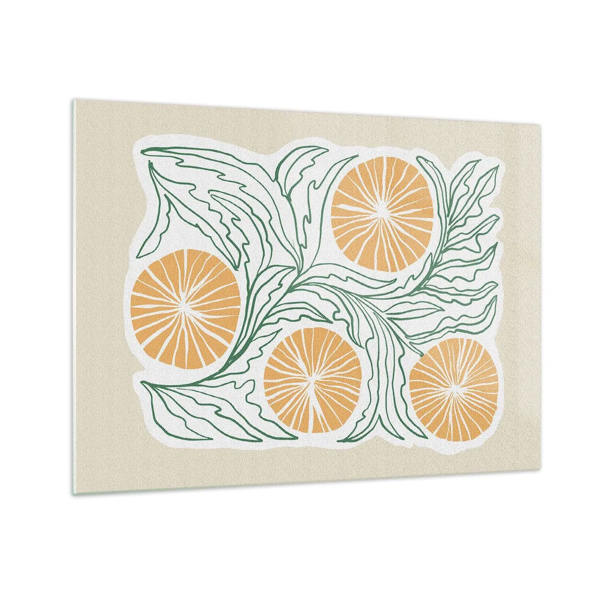 Quadro em vidro - Frutas laranjas e folhas verdes em uma composição gráfica - 70x50cm - Étnico com um toque de abstração - Decoração de parede moderna para a sala de estar e quarto ARTTOR