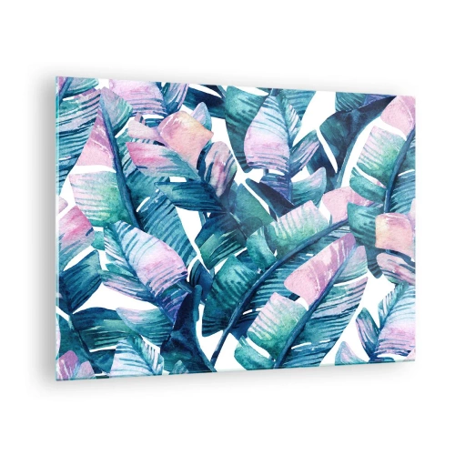Quadro em vidro - Folhas de bananeira em tons pastéis sobre fundo branco - 70x50cm - Em um bananeiro - Decoração de parede moderna para a sala de estar e quarto ARTTOR