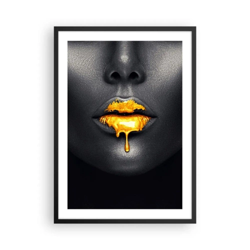 Pôster com moldura preta - Rosto de mulher negra com tinta laranja nos lábios - 50x70cm - Boca dourada - Decoração de parede moderna para a sala de estar e quarto ARTTOR